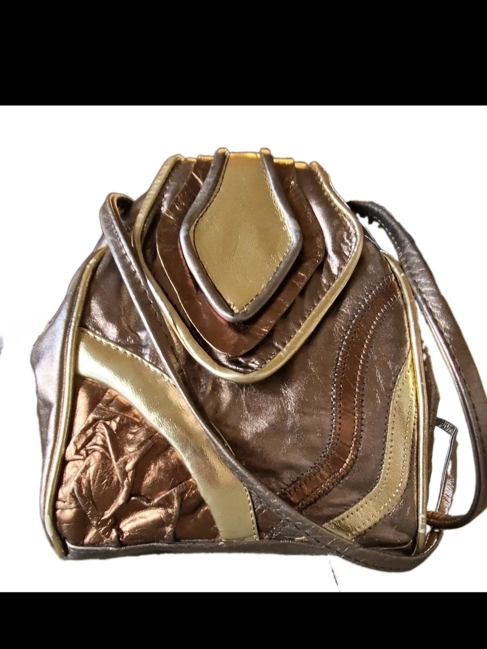 Vintage 80s Genuine Leather Metallic Brown & Gold Womens Shoulder Bag